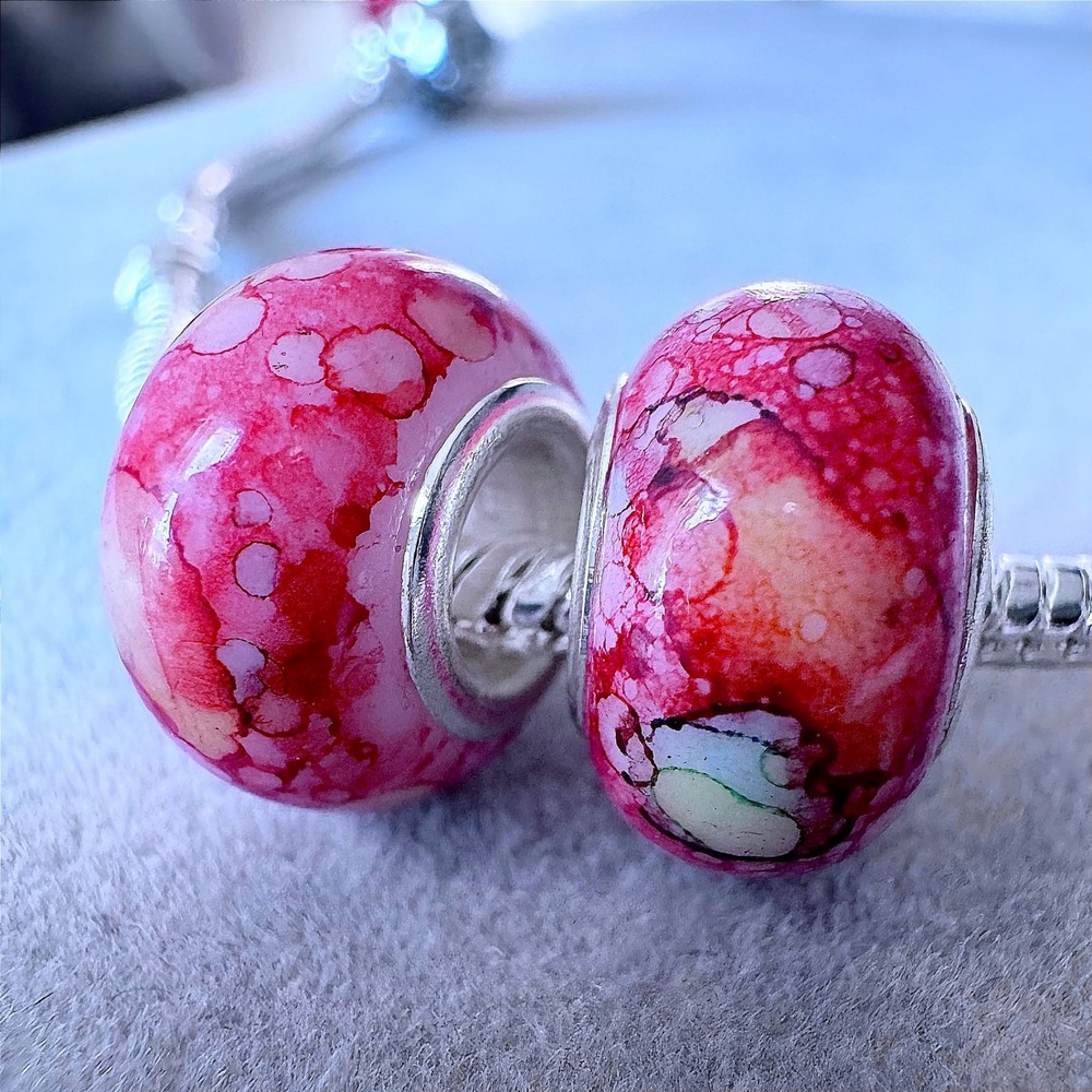 Set of 2 Pink Red Watercolor Charms fits PANDORA Bracelet‎